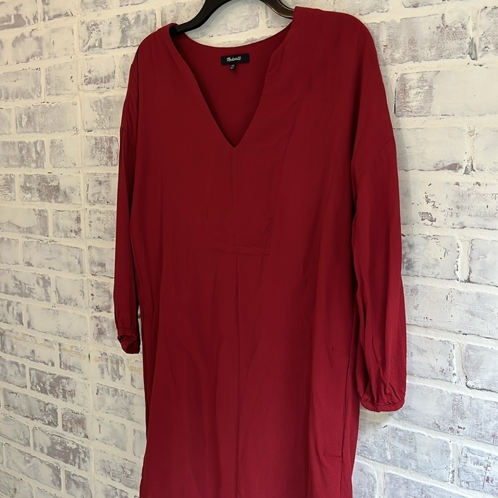 MADEWELL Dress Du Jour Tunic Dress Size XXS V-Neck Pockets L/S Red Garnet Womens - Picture 4 of 11
